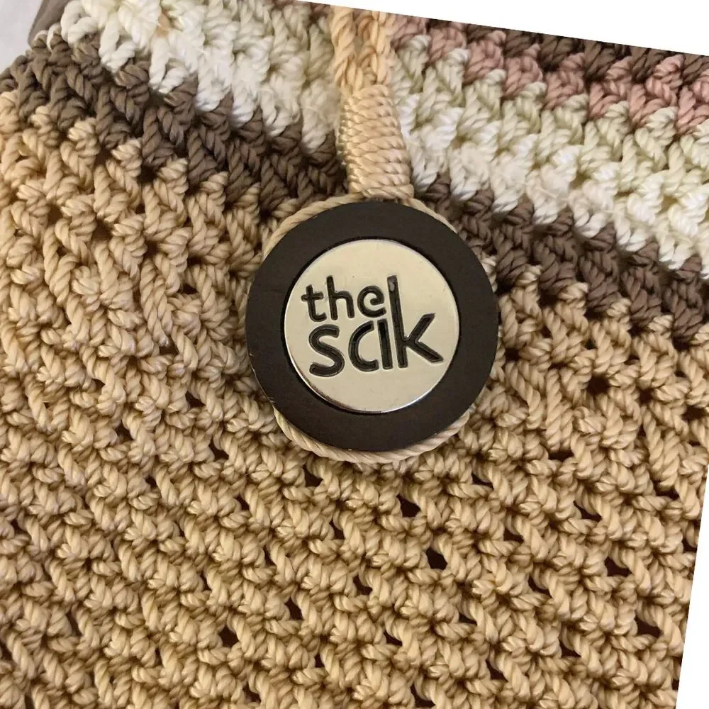 The Sak Woven Crochet Shoulder / Crossbody Bag Tan & Pink Braided Strap